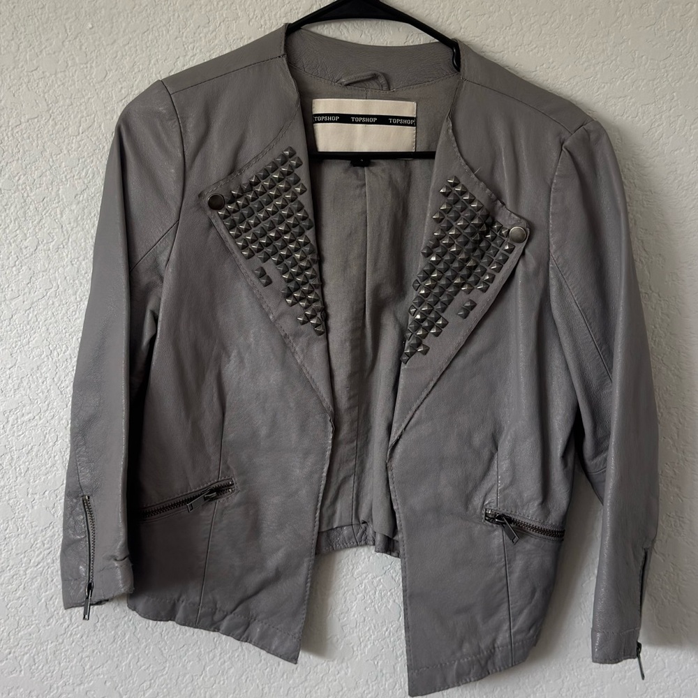Topshop Gray Studded Leather Jacket with Zip Pockets